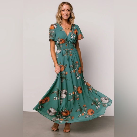 NEW Baltic Born Birdie Maxi Long Dress Short Sleeve Eucalyptus Floral Large L - Picture 1 of 12